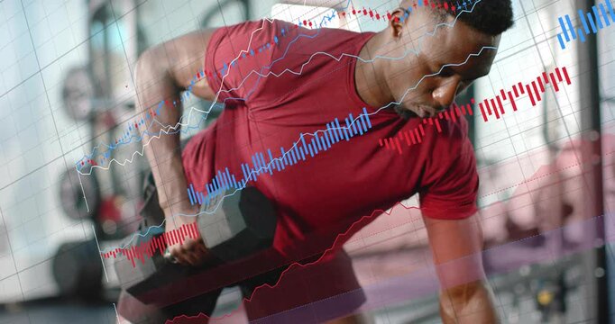 Man bracing on bench and pulling hex dumbbell, building back strength, red blue charts appearing