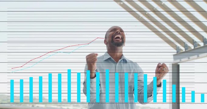 Man cheering on deck as animated finance charts growing leftward covering torso, celebrating growth
