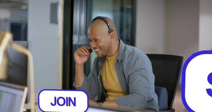 Agent adjusting headset, speaking, typing, engaging as social media JOIN TWEET PIN bubbles layering