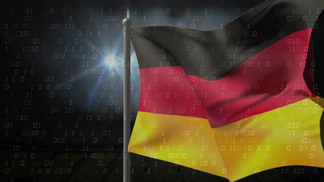 Gusting wind causing German flag billowing while flare glowing and binary overlay showing data