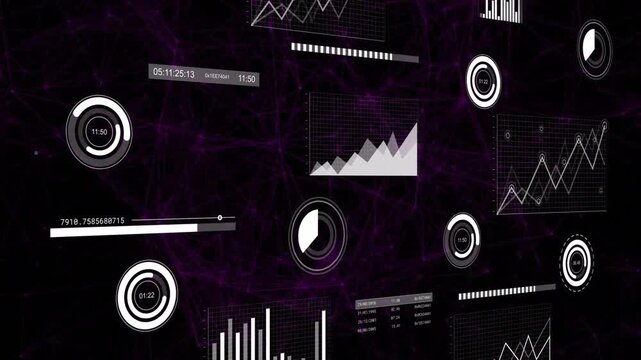 Tech HUD shifting right during pan as widgets updating dials rotating, charts refreshing for data