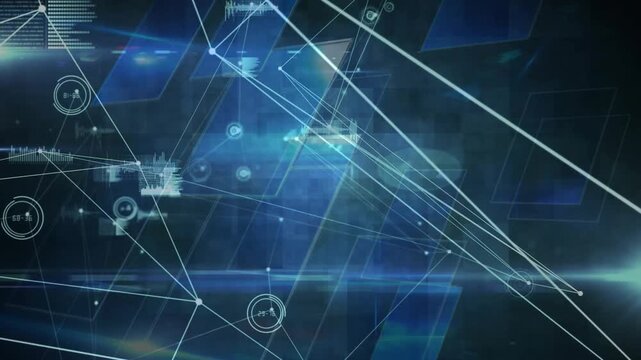 Glowing net evolving in tech HUD, pulses traveling lines, brightening nodes, showing connectivity