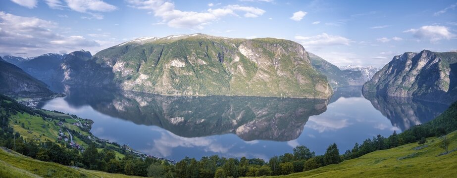 Mountains reflected in the water, Aurlandsfjord, Aurland, Sogn og Fjordane, Norway