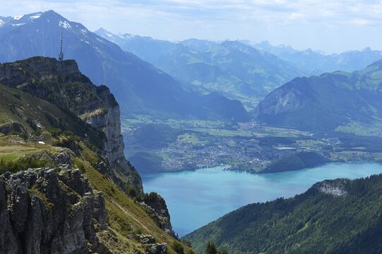 Mt Niederhorn with Lake Thun and the town of Thun, Beatenberg municipality, Bernese Oberland, Switzerland, Europe