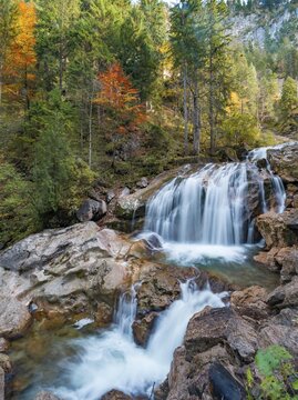 Torrent with waterfall in the P&ouml;llat gorge in autumn, Schwangau, Ostallg&auml;u, Allg&auml;u, Swabia, Bavaria, Germany