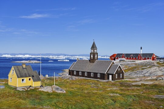 Zion Church and Hospital in Disko Bay, Ilulissat, West Greenland, Greenland
