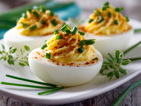 Deviled eggs garnished with chopped chives and paprika served on a white plate with fresh herbs for an appetizing party snack or appetizer idea