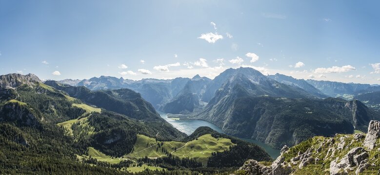 View of K&ouml;nigssee Lake and Mt Watzmann from Mt Jenner, Berchtesgaden National Park, Berchtesgadener Land district, Upper Bavaria, Bavaria, Germany