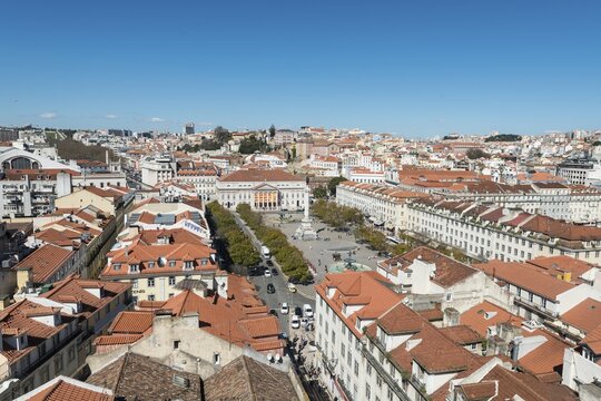 View of historic centre, statue of King Pedro IV in Rossio Square, National Theatre, Baixa, Lisbon, Portugal