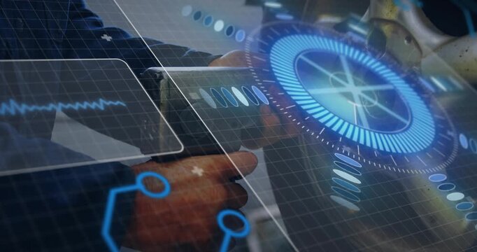 Engineering tech hands hovering and tapping engine, holo HUD animating waveform guiding alignment