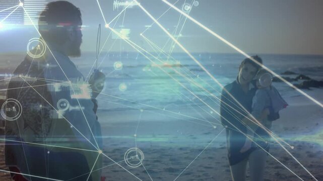 Man manipulating device and initiating AR overlays linking horizon, woman holding baby gesturing