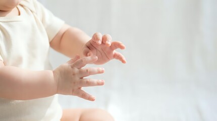 Naklejka premium Baby hands reaching out in soft natural light on white background for parenting and childcare concepts.