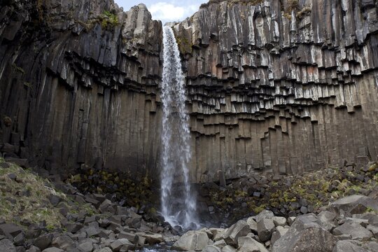 Waterfall Swartifoss with basalt columns in Skaftafell, Southern Region, Iceland