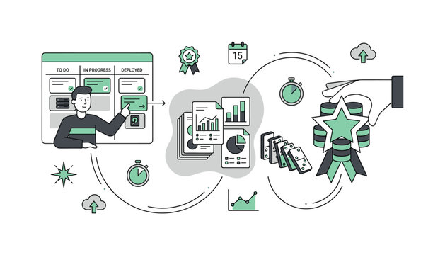 Agile project management workflow with tasks, data analysis, and successful deployment