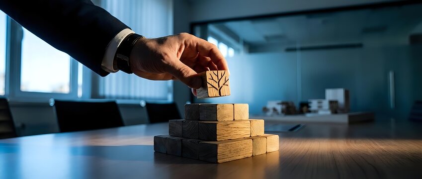 Businessman hand placing wooden block with brain icon on pyramid stack in modern office environment representing strategic thinking and leadership development.