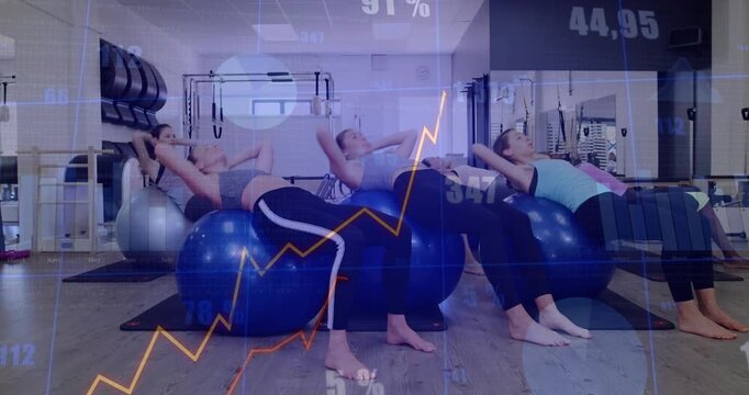 Women following fitness class cue, performing ball crunches with overlays tracking metrics