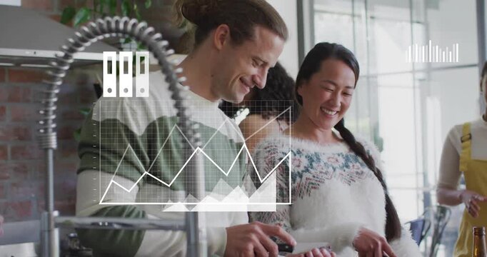 Device tapping, phone icon growing into cloud charts and gears while duo chopping and sharing data
