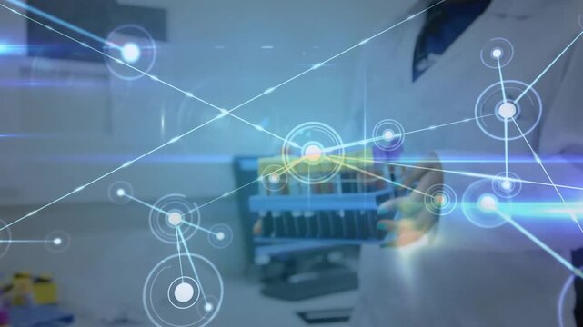 HUD appearing over tubes, lab tech holding blue rack while node network radiating, mapping samples