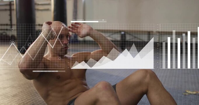 Man doing crunches on rubber mat, fitness timer starting, HUD measuring performance metrics and map