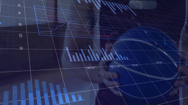 Man bringing device into view, manipulating technology donut, bar and pie charts, analyzing data