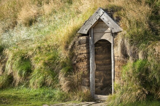 Entrance, replica of Viking longhouse, Eir&iacute;kssta&eth;ir, Iceland