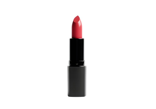 Vibrant coral red lipstick in a sleek black tube isolated on transparent background