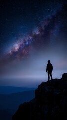 Fototapeta premium Silhouette of person standing on rocky cliff under spectacular Milky Way galaxy with colorful nebula and countless stars in deep blue night sky.