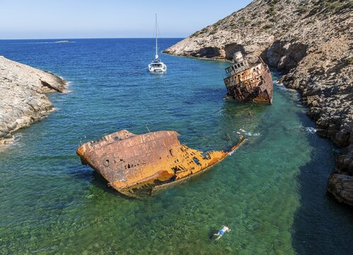 Aerial view, Shipwreck Olympia, Amorgos, Cyclades Island, Aegean Sea, Greece