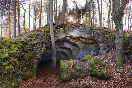 Collapsed cave near Elbersberg chapel, Elbersberg, Pottenstein town, Franconian Switzerland, Upper Franconia, Franconia, Bavaria, Germany