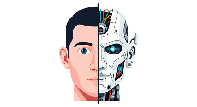 A striking vertical split image showcases the detailed left side of a human male face and the intricate right side of a complex robotic machine head.