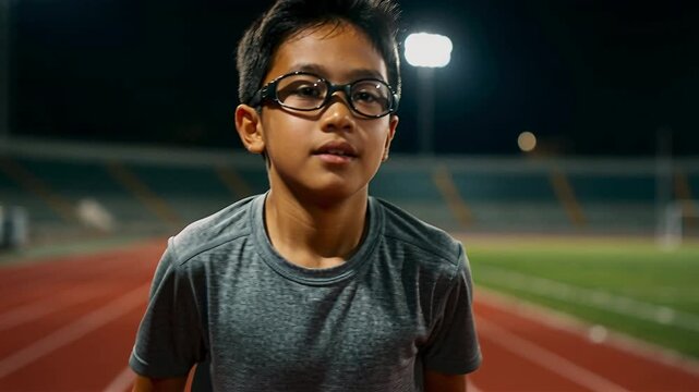 Young asian boy athlete bending over to catch breath, looking ahead and smiling after finishing his running training on stadium track at night