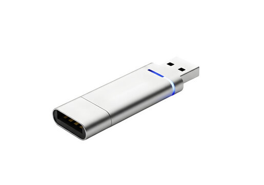A sleek silver usb adapter with blue light on transparent background