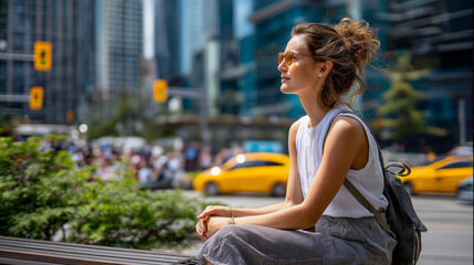Naklejka premium Woman sitting on a bench observing city movement in daylight, urban lifestyle and reflective mood concept, defocused background, with copy space