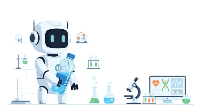 A high-tech laboratory robot holds a transparent plastic water bottle while standing near medical monitors, a microscope, and various glass chemical flasks.