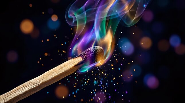 Wooden matchstick igniting with vibrant rainbow colored flames and magical sparks against dark background with bokeh lights for creative design projects.
