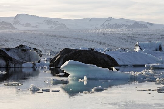 Icebergs, the darker ones coloured by volcanic ash, Joekulsarlon glacial lake, southern coast of Iceland, Atlantic Ocean