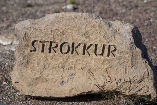 Information board, geyser Strokkur, geothermal area Haukadalur, geyser, Iceland