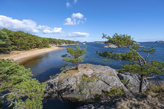 Kanelstranda, coast in Furulunden nature park Park by the Mannefjord, Mandal, Norway