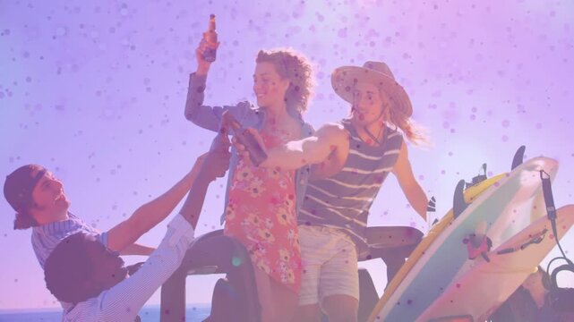 Friends on van passing bottles after low friend lifting bottle, travel promo with confetti overlay