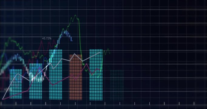 Tiny point appearing lower-left, grid fading in, bars rising and lines tracing for market analysis