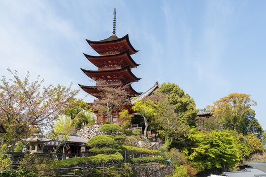 Toyokuni Shrine, five-story pagoda, Miyajima Island, Hiroshima Bay, Japan