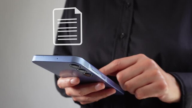 Businesswoman with smartphone in hand with an animation of several different document icons