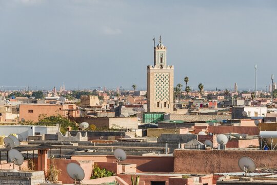 View of the old city, Ben Salah mosque with minaret, Marrakech or Marrakech, Morocco