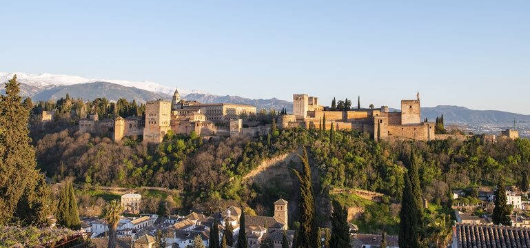 View of Alhambra, Moorish city castle, Nasrid palaces, Palace of Charles Fifth, Sabikah Hill, Granada, Andalusia, Spain
