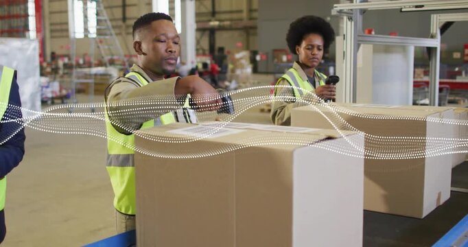 Warehouse packer packing box for orders as belt moving peer scanning waveform sweeping over boxes