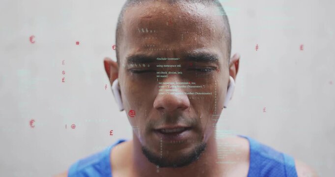Man in blue tank, sweating and focusing, earbuds activating scrolling code overlay for fitness tech