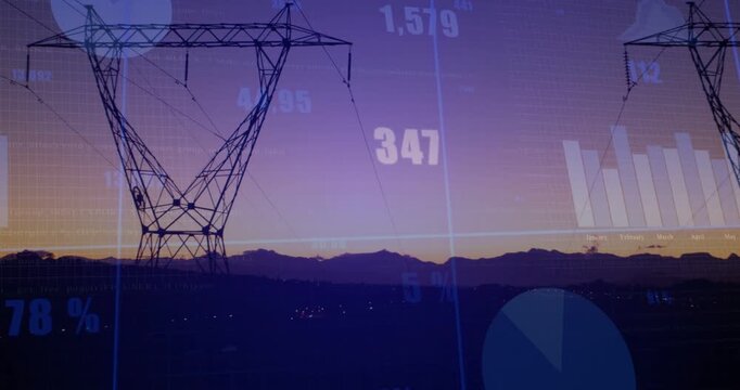 Transmission tower shifting center at twilight, data overlay fading in and animating energy charts