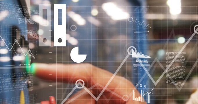 Factory operator pressing green button, analytics expanding and growing while checking metrics