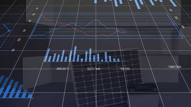 3D grid loading, holographic dashboard animating pies, bars, lines and donut, visualizing analytics
