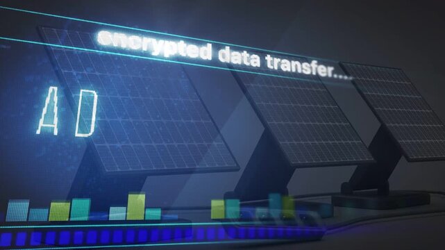 Encrypted banner fading in, UI revealing ADMINISTRATOR for admin access, energy charts pulsing